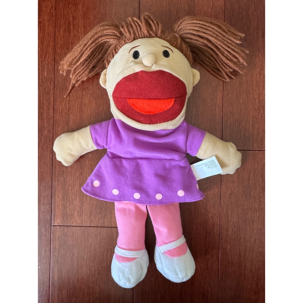 Oriental Trading Company Girl Hand Puppet Purple Polka Dot Dress Brown Yarn Hair